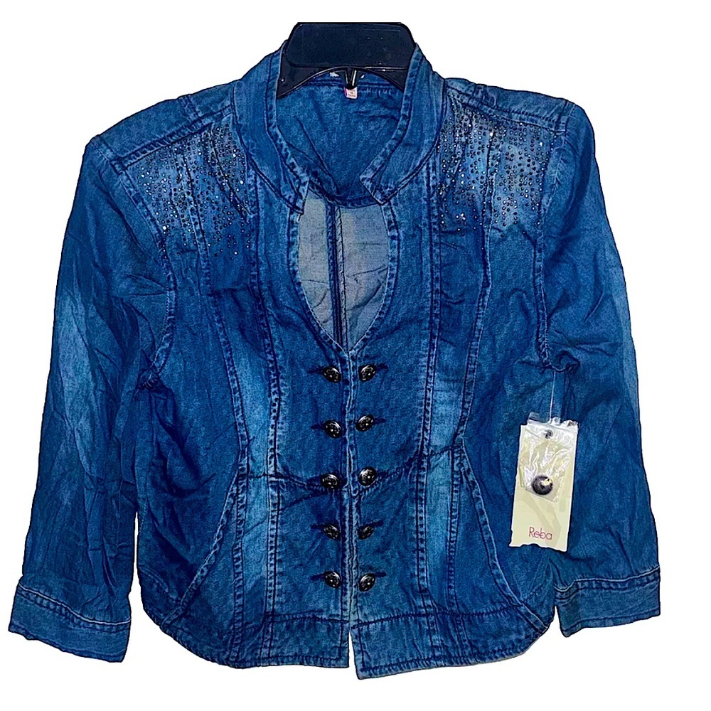 NWT- Reba Embellished with Decorative Buttons Blue Western Jean Jacket Size M